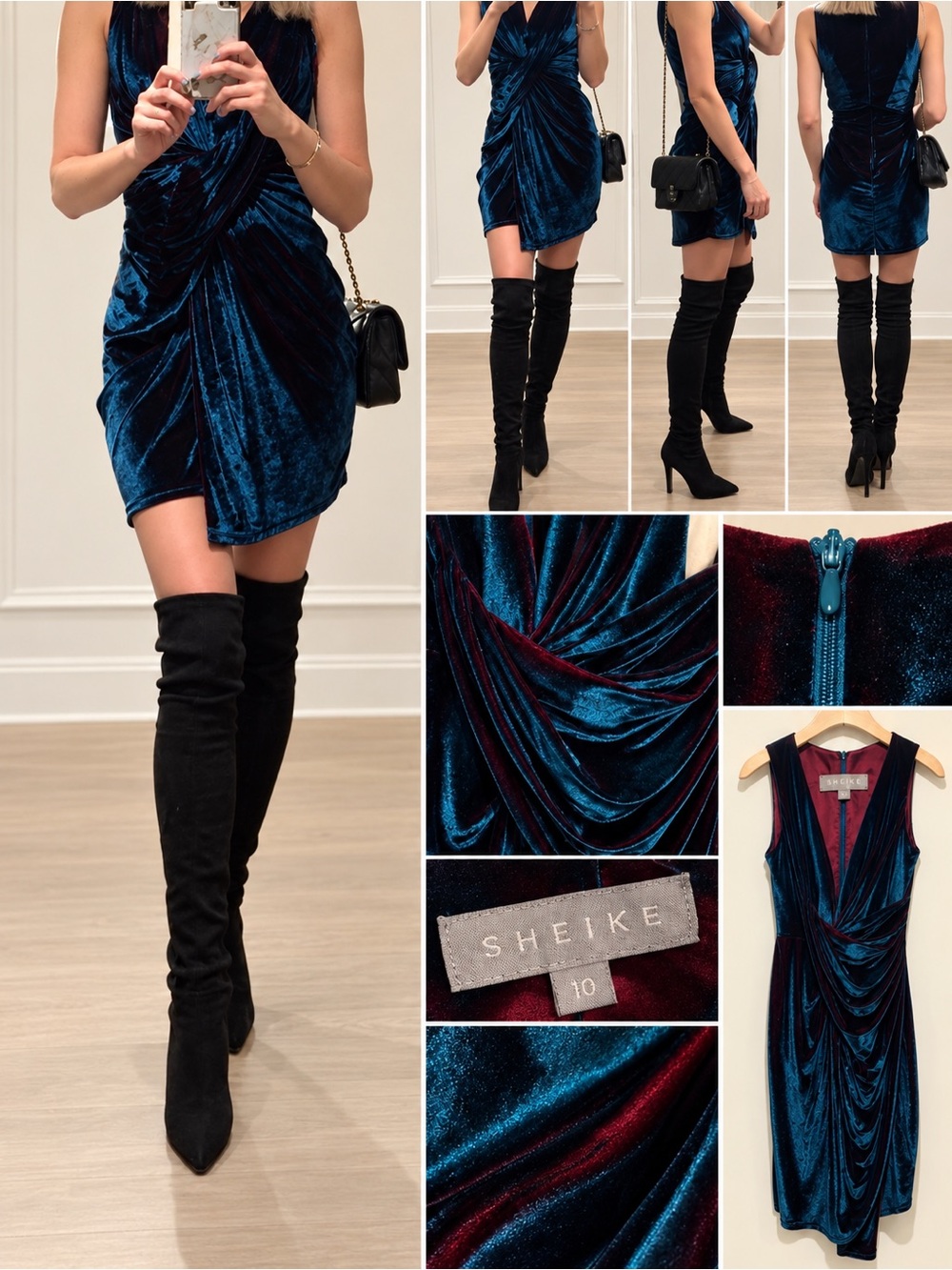 SHEIKE Teal Maroon Velvet Draped Bodycon Midi Dress